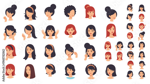 Large collection of diverse female character avatars with various hairstyles and expressions for web and app design projects.