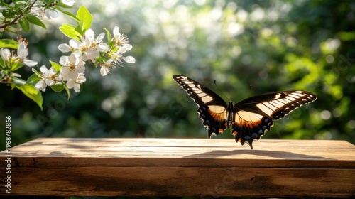 Butterfly on table with blossom natural scene