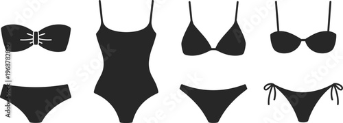 Black silhouette collection of diverse women's swimwear featuring various bikinis and a one-piece swimsuit isolated on white background for summer beach fashion concept illustration.