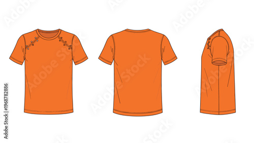 Detailed technical fashion flats showing an orange short sleeve t-shirt from front back and side views for manufacturing.