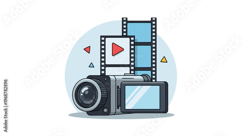 Creative illustration of a video camera with film strips and play buttons representing cinema and media production industry.