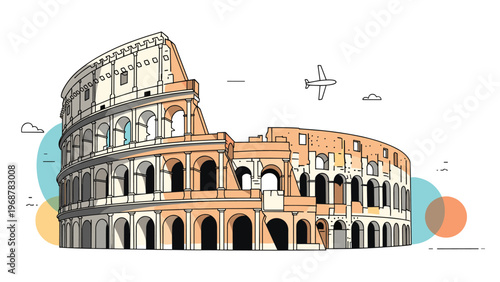 Artistic illustration of the Roman Colosseum with a plane flying overhead and abstract geometric shapes in the background.