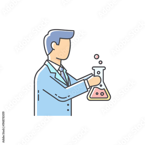 Scientist Holding Erlenmeyer Flask with Bubbles, Laboratory Research Icon