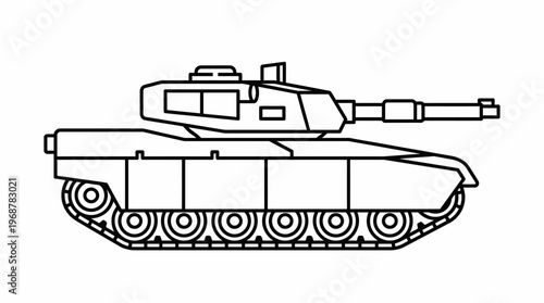 Line art drawing of a modern military tank in side profile, featuring tracks, turret, and main gun, suitable for coloring or simple illustration.