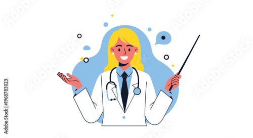 Friendly female doctor or professor in a white lab coat using a pointer to explain a medical or scientific topic to students.