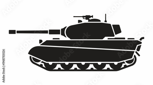 Black silhouette of a military tank with a long barrel and turret, viewed from the side, on a white background, representing armored combat.