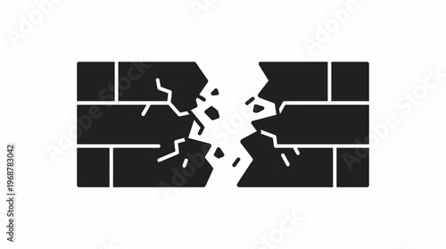 A graphic illustration depicting a black brick wall with a large, jagged crack running through its center, symbolizing damage or breakage.