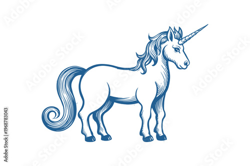A blue and white illustration of a standing unicorn with a long tail and mane