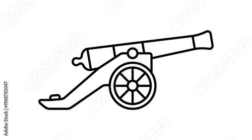 Simple line art illustration of a historical cannon with a wheel and carriage, depicted in black and white.