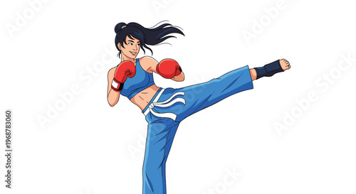 Focused martial arts practitioner in a blue uniform and boxing gloves delivering a precise side kick during training.