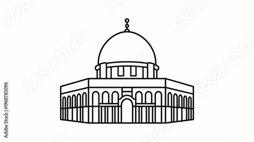 Line art illustration of the Dome of the Rock, an iconic Islamic shrine in Jerusalem, featuring its distinctive dome and octagonal structure.