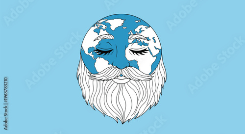 Creative personification of planet Earth as a wise elderly man with a long white beard and closed eyes on a blue background.