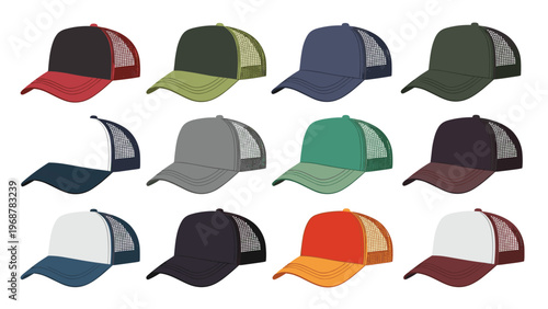 Variety of trucker cap mockups in multiple colors with mesh back panels displayed in a grid for product selection purposes.