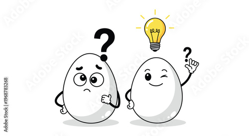 Two cartoon eggs representing the brainstorming process with one feeling confused and the other having a bright new idea.