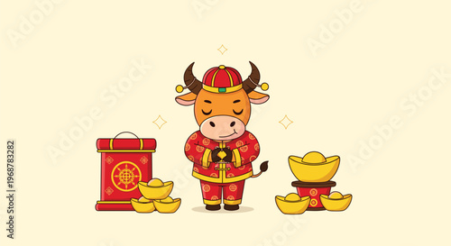 Cute cartoon ox dressed in traditional Chinese clothing bowing respectfully to celebrate the year of the ox with gold nuggets.