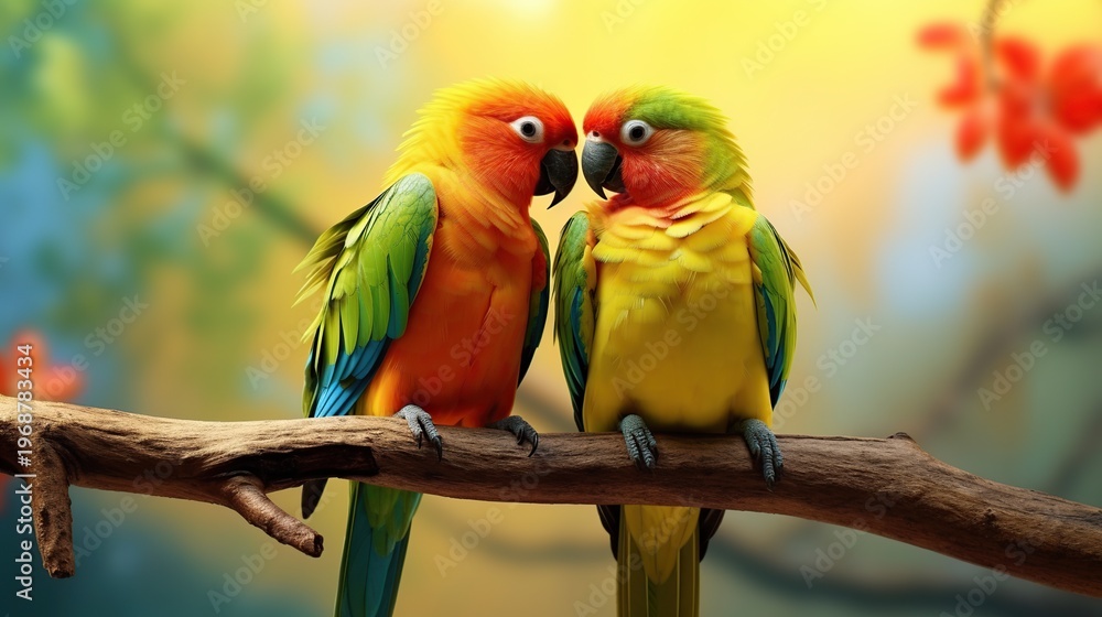 Obraz premium Two colorful lovebirds perched closely on a slender branch in a sunlit tropical setting