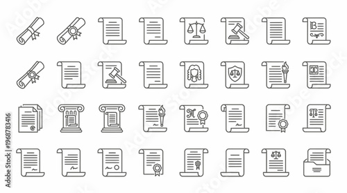 A comprehensive collection of line art icons representing legal documents, justice symbols, and official papers, suitable for law-related designs.