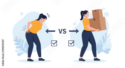 Comparative health illustration showing the wrong way to lift heavy boxes causing back pain versus the correct ergonomic technique.