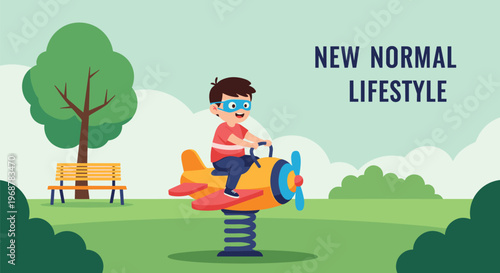 Young boy wearing a blue mask while playing on a yellow airplane spring rider in a local green park during the new normal.
