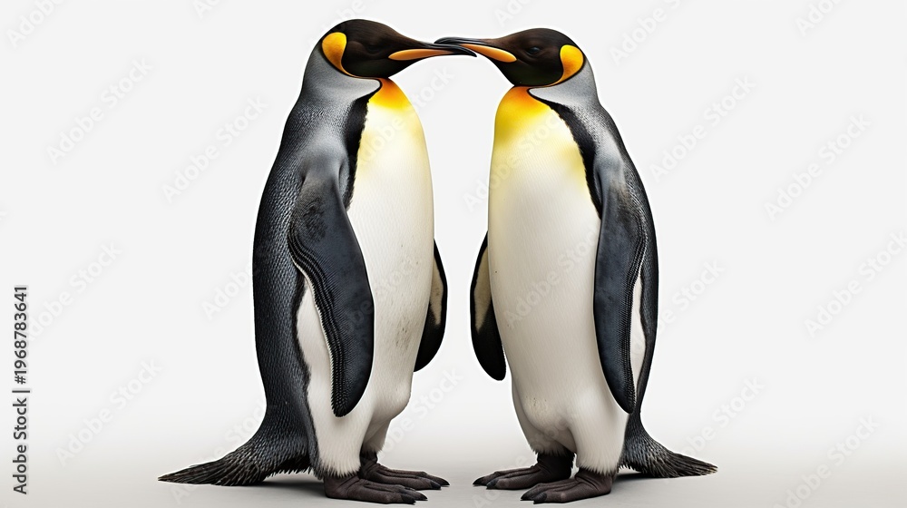 Obraz premium Two Emperor Penguin Adults Touch Beaks in a Tender Paired Pose Against a White Studio Background