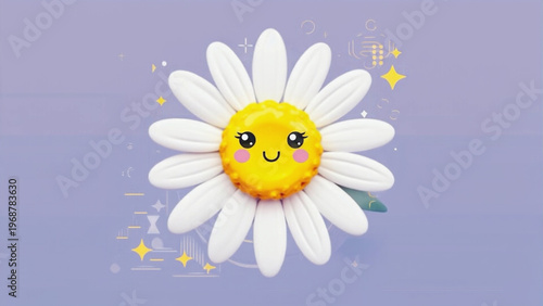 Cute cartoon-style daisy flower with smiley face and soft colors. Ai generated.