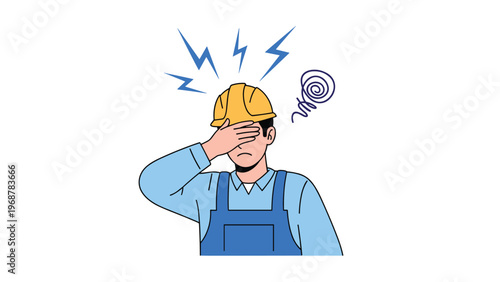 Male construction worker in blue overalls and yellow hard hat feeling dizzy or having a headache with lightning bolts and swirl symbols.