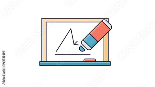 Large eraser removing a geometric triangle drawing from a white board in a classroom or office setting for correction or starting over.