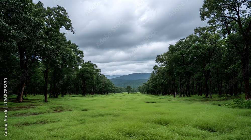 Obraz premium Lush green meadow framed by dense forest under a dramatic overcast sky evoking a tranquil monsoon atmosphere