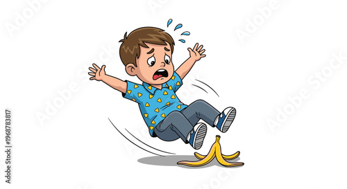 Clumsy young boy slipping on a banana peel and falling down with a shocked expression on his face in cartoon style.
