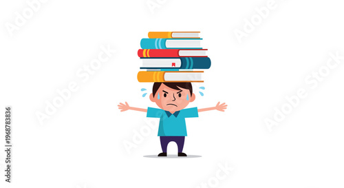 Stressed young boy trying to balance a tall stack of colorful books on his head while sweating on a white background.