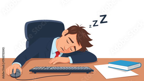 Tired businessman sleeping on his office desk with his hand on a computer mouse and papers nearby representing burnout or exhaustion.