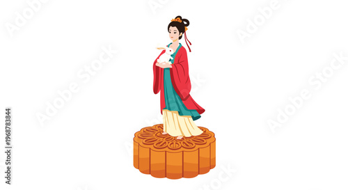 Beautiful goddess Chang e holding a white rabbit and standing on top of a large traditional mooncake in cartoon style.