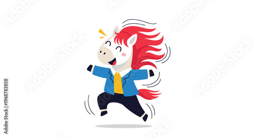 Happy white unicorn wearing a blue business suit and yellow tie running fast with its red mane flowing in the wind.