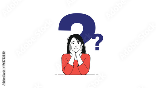 Concerned woman holding her face with confused expression and large blue question marks behind her representing doubt and uncertainty.