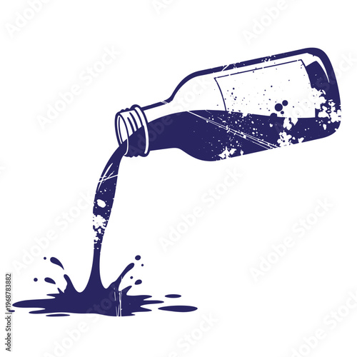 Dark blue silhouette of a glass bottle pouring liquid onto a flat surface with a splash effect and distressed grunge texture on a white background