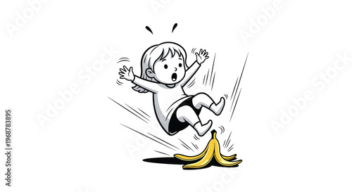 Line art illustration of a young girl slipping on a yellow banana peel and falling backwards with a surprised look.