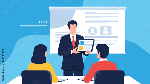 Professional businessman in a suit giving a presentation to colleagues using a digital tablet and a large projection screen in an office.