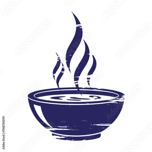 Dark blue silhouette of a steaming bowl of soup or broth with a distressed grunge texture isolated on a white background