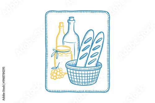 Colorful illustration of a basket with bread, wine, and a jar of jam with grapes on a white background