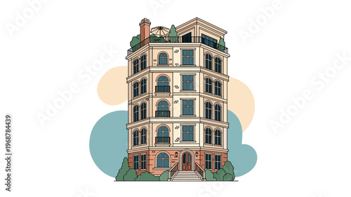 Elegant five story classic apartment building with a rooftop terrace and large windows set against a soft colorful abstract background.