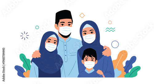 Modern illustration of a Muslim family including parents and children wearing medical face masks with abstract shapes.