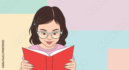 Concentrated young girl with brown hair and glasses reading a red book against a colorful pastel background.