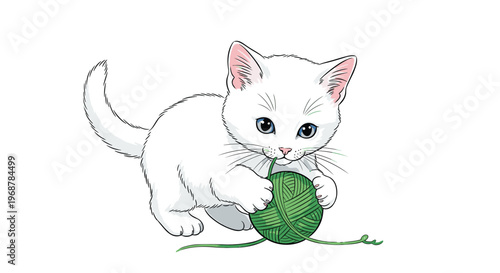 Adorable little white kitten playing with a ball of green yarn on a white background in detailed drawing style.