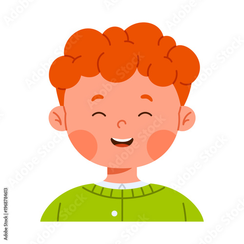 Laughing cute redhead boy character with joyful facial expression. Facial expression concept. Happy child avatar with positive emotion. Kid apps and emotion education concept. Isolated illustration