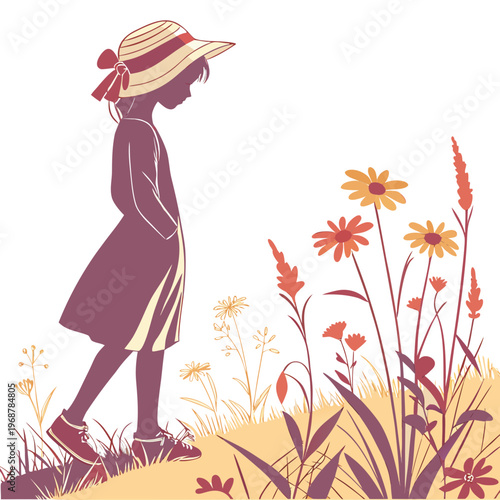 A silhouette of a young girl wearing a sunhat walks through a field of wildflowers and lush greenery high quality