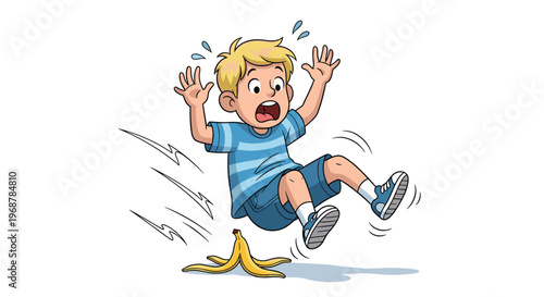 Young blonde boy character looking surprised and frightened while slipping on a yellow banana peel on a white background.
