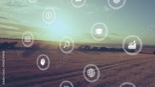 Low sun flaring sparking HUD icons appearing drifting over wheat showing crop data as drone moving