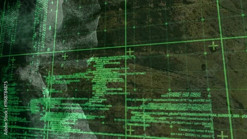 Green HUD initiating leftward scan over coastline, consolidating code blocks for mapping analysis