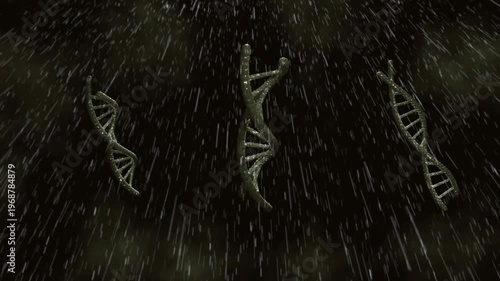 Vertical video: Playback starting three DNA helices rotating tilting while rain falling for biotech