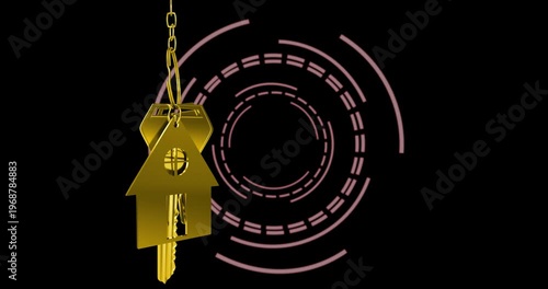 gold house keychain swinging, rotating as magenta rings pulse, showing reflective highlights